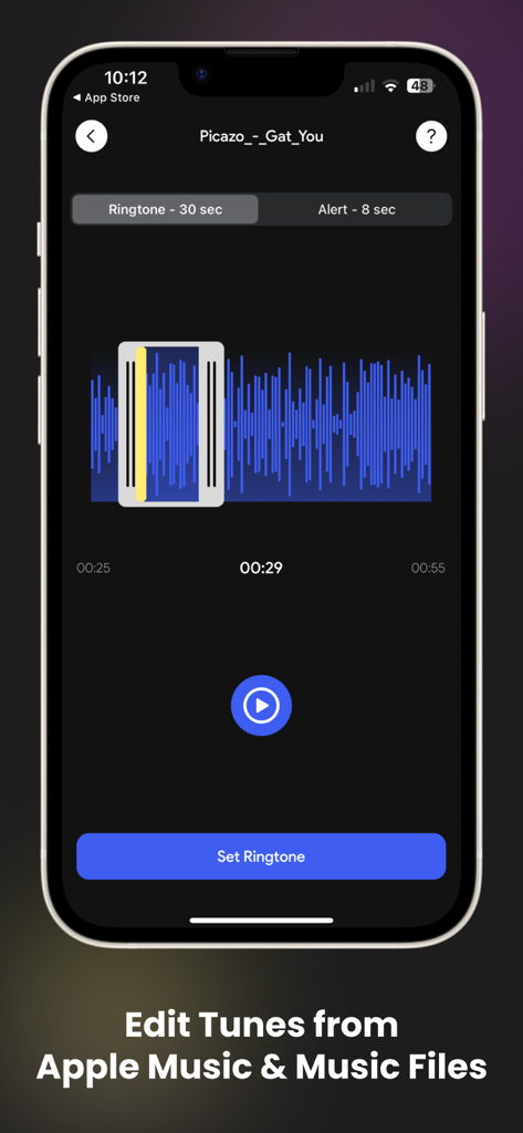 Smartphone screen showing the audio trimming interface of the Ringtone Maker app with a waveform and set ringtone button