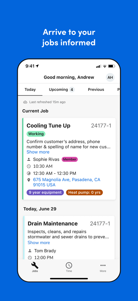 ServiceTitan Field App zeigt den Tagesplan eines Technikers mit Kundeninformationen und Auftragsstandorten