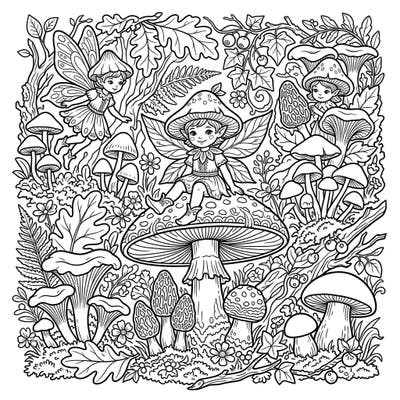 Step into a whimsical woodland with this intricately designed adult coloring page, featuring delightful mushroom fairies amidst a rich forest backdrop. Perfect for experienced colorists seeking a magical escape and hours of creative relaxation.