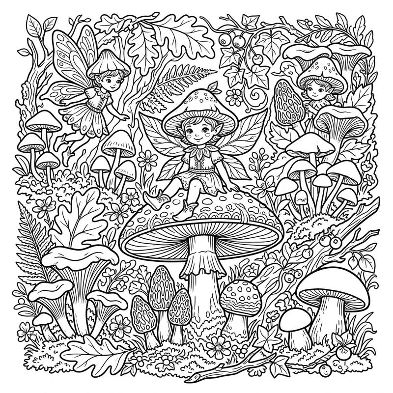 Step into a whimsical woodland with this intricately designed adult coloring page, featuring delightful mushroom fairies amidst a rich forest backdrop. Perfect for experienced colorists seeking a magical escape and hours of creative relaxation.
