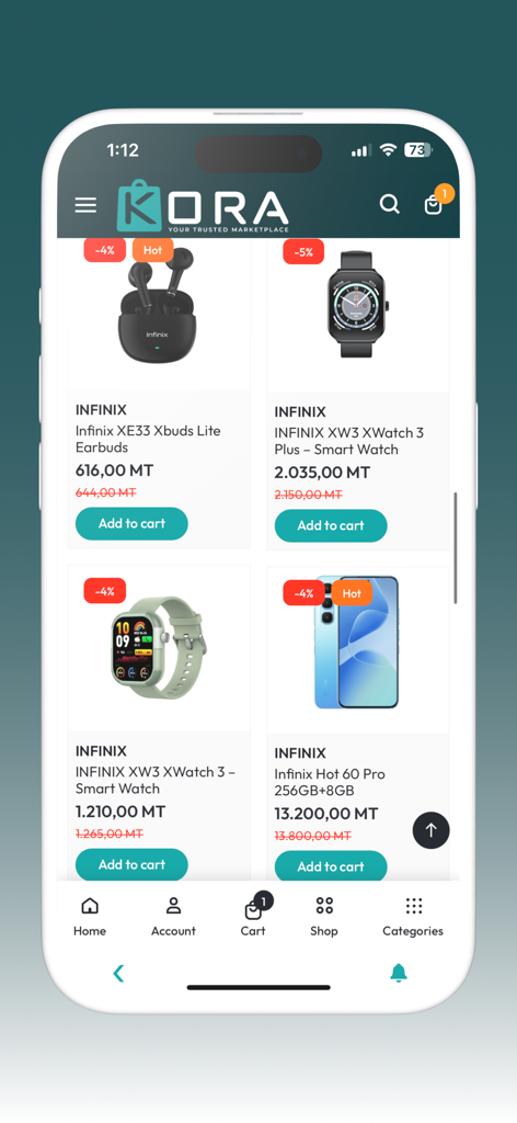 Interfaz de la aplicación móvil Kora que muestra un mercado con productos electrónicos que incluyen auriculares y relojes inteligentes