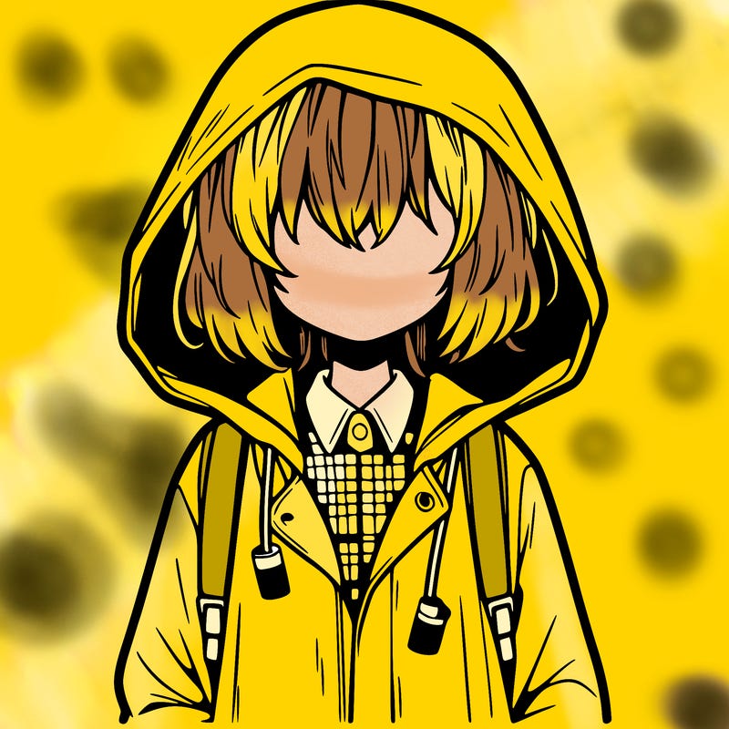 little anime girl in a raincoat her hair is covering her eyes she has a lighter