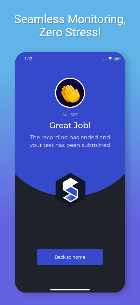 SUMADI - Sumadi app screen showing successful test submission and recording end
