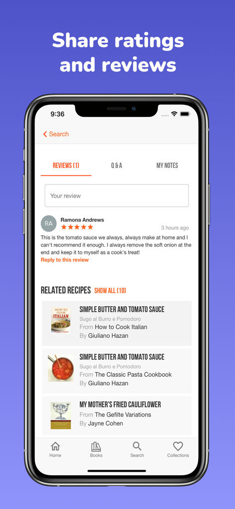 ckbk: discover great cookbooks - A mobile screen showing user reviews and star ratings for a tomato sauce recipe in the ckbk app