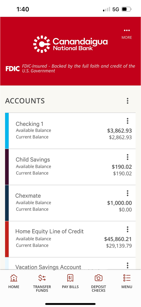 CNB Mobile Online Banking - Accounts overview screen in the CNB Mobile Online Banking app displaying balances for checking and savings accounts.