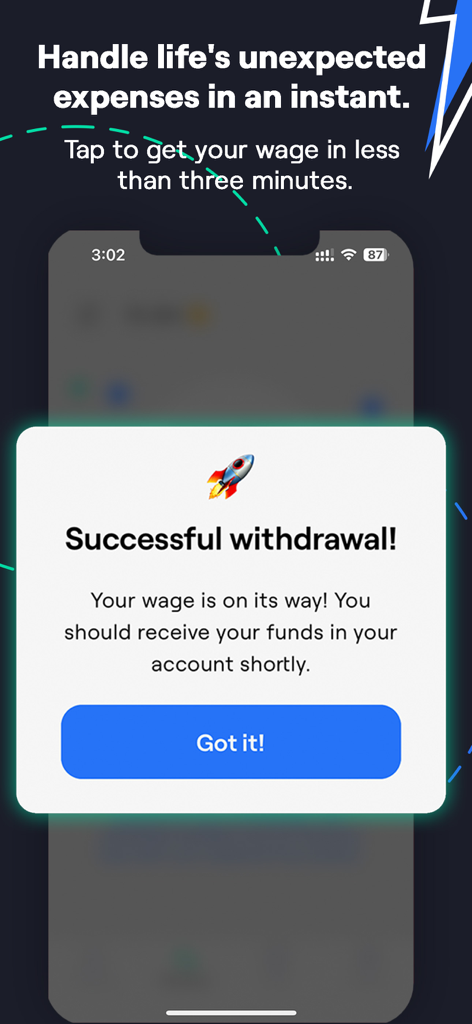 Wagetap: Instant Cash Advance - Wagetap app screen showing a successful cash withdrawal confirmation