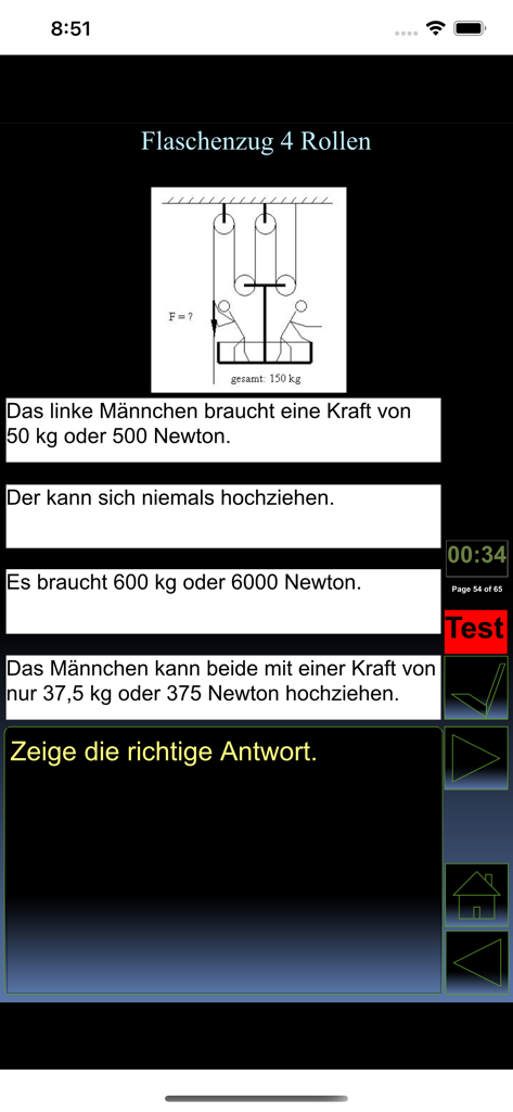 iPhysik 1 Quiz deutsch - iPhysik 1 Quiz screenshot showing a mechanics problem about a pulley system in German