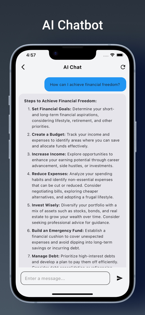 Money Manager KI-Chatbot-Bildschirm mit Schritten zur Erreichung finanzieller Freiheit.