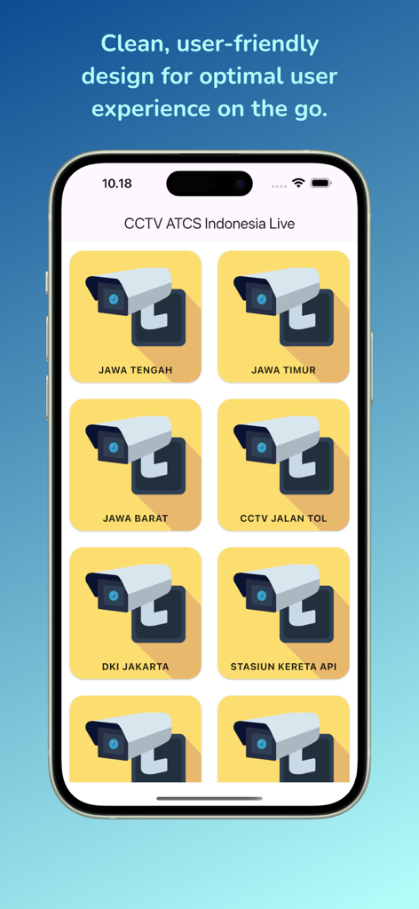 Interfaccia dell'app CCTV ATCS Indonesia Live che mostra un menu di categorie di telecamere del traffico regionali come Giacarta e Giava Orientale