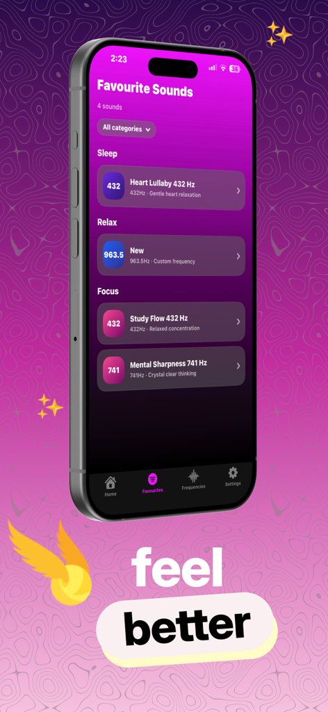 HZ Frequency Generator App - A smartphone screen displaying the Favourite Sounds list in the HZ Frequency Generator app featuring frequencies for sleep relax and focus like 432Hz and 741Hz