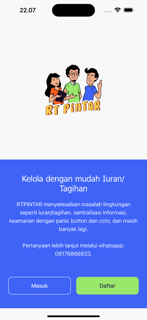 RTPINTAR - RTPINTAR app welcome screen featuring community characters and buttons for login and registration