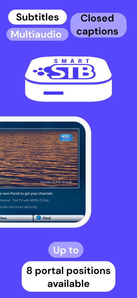 Smart STB - Smart STB app interface highlighting support for 8 portal positions and subtitles
