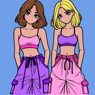 two girls with crop top with baggy pants