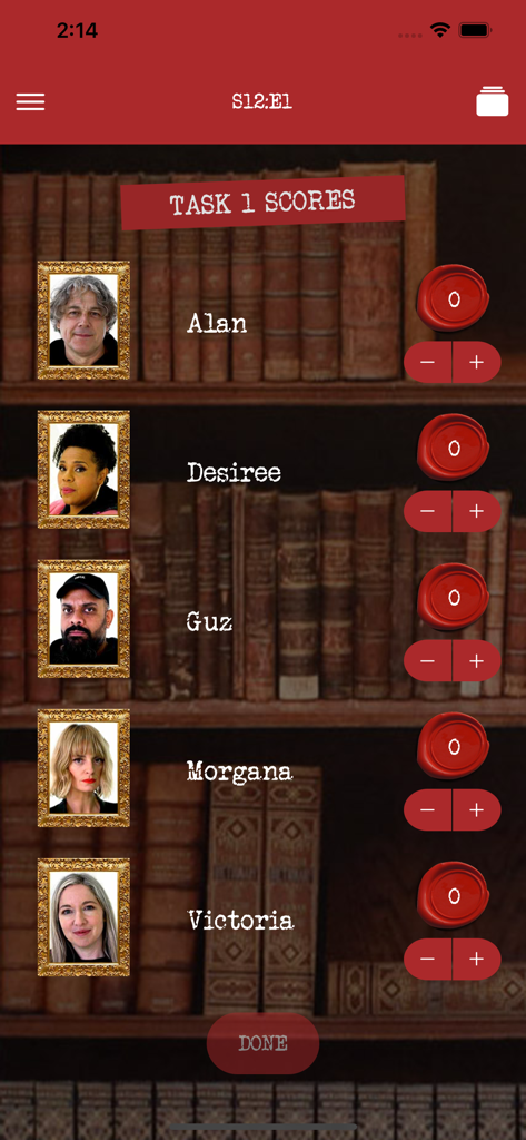 Taskmaster The App - Scoring screen in the Taskmaster app featuring contestant portraits and point counters for Season 12 Episode 1