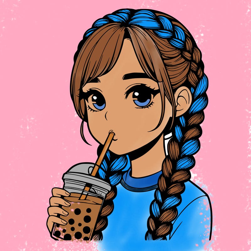 realistic girl with braided hair drinking boba