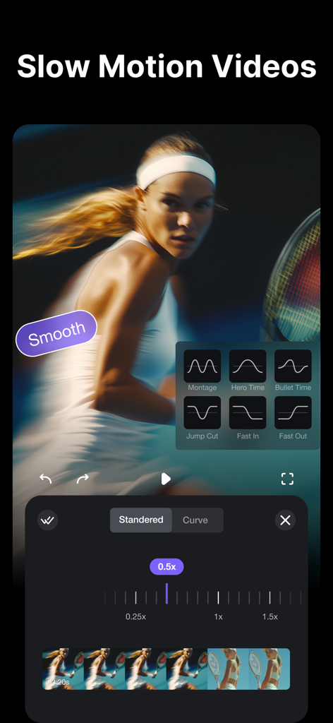 TrimCut - Video Editor - Interface do editor de vídeo TrimCut mostrando configurações profissionais de curva de velocidade em câmera lenta para um clipe de vídeo de tênis.