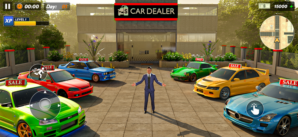 Car Trade Dealer Job Simulator - Une salle d'exposition de concessionnaire automobile 3D avec diverses voitures colorées à vendre et un personnage de gestionnaire d'entreprise