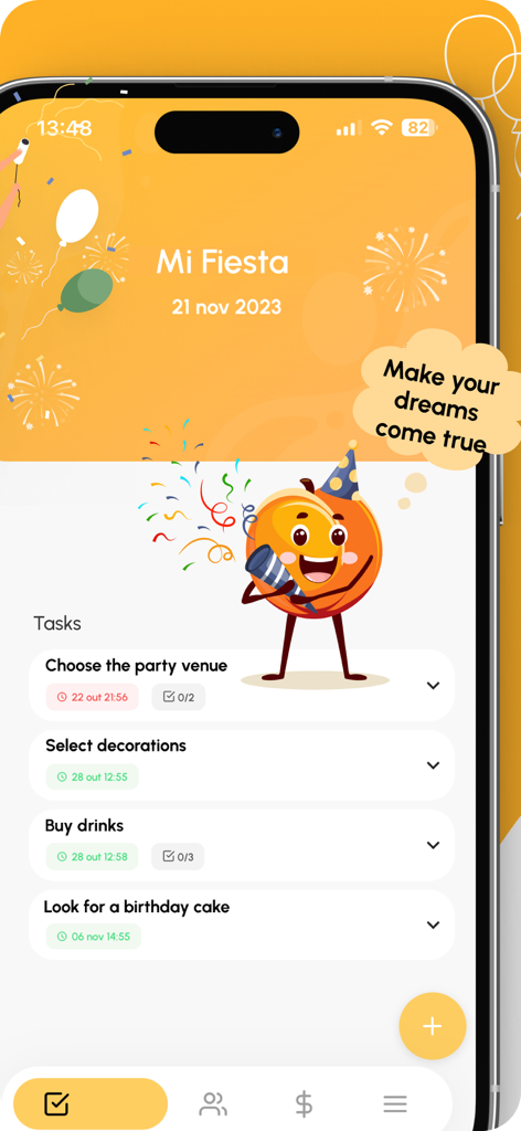 Party Planner Guest List - Interface d'application mobile pour organiser les tâches de fête avec une liste de contrôle pour la décoration de salle et la restauration