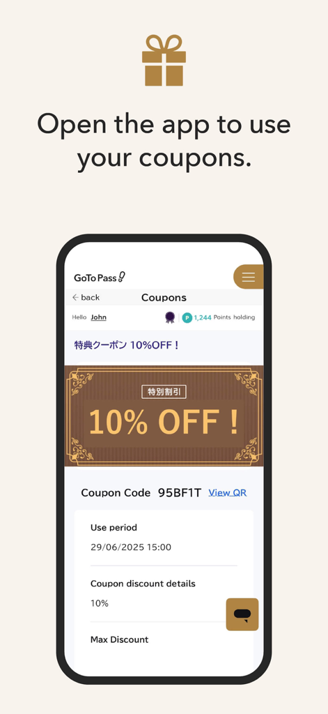 MYSTAYS 호텔 투숙객을 위한 10% 할인 쿠폰을 보여주는 고투 패스 모바일 앱 디스플레이