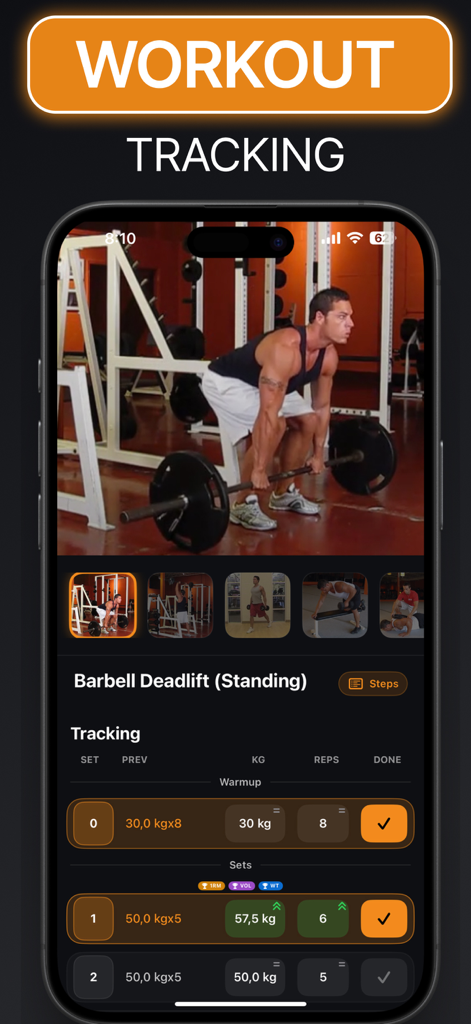 Gymeo mobile app interface for tracking barbell deadlift sets and reps