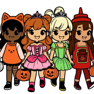 4 girls going trick or treating.  one girl  is dressed as a cat. the other is dressed as a princess. the last 2 girls are twins and are ketchup and mustard