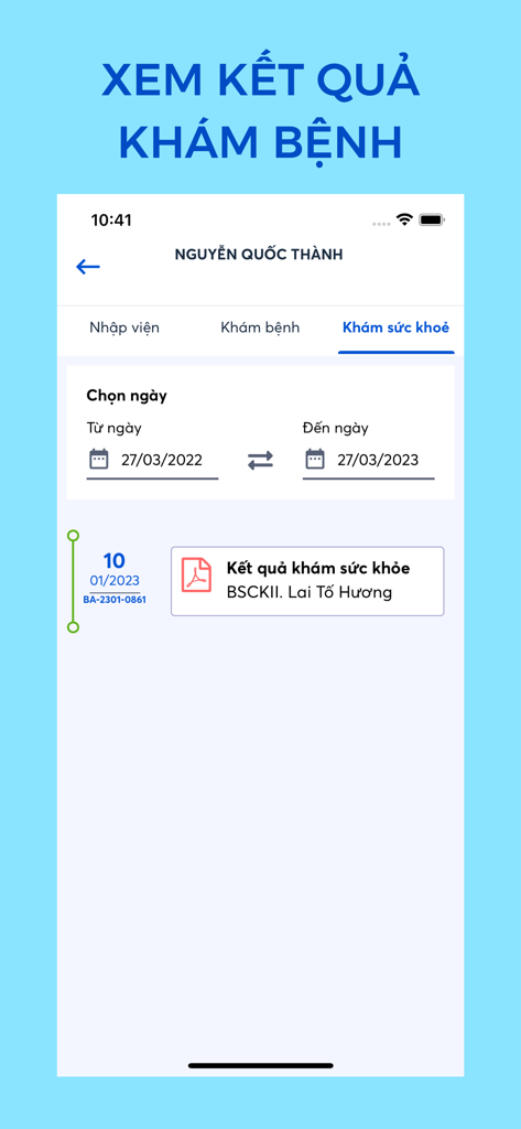 Ein Bildschirm der UMC Care App, der medizinische Untersuchungsergebnisse auf Vietnamesisch zeigt.