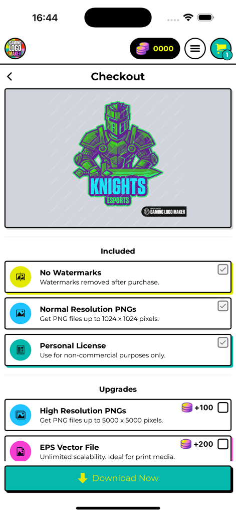 Checkout screen of the Gaming Logo Maker app featuring a green knight mascot logo and file export options