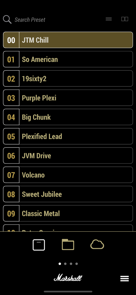 Marshall Gateway - A list of guitar amplifier presets within the Marshall Gateway app showing options like JTM Chill and Purple Plexi.