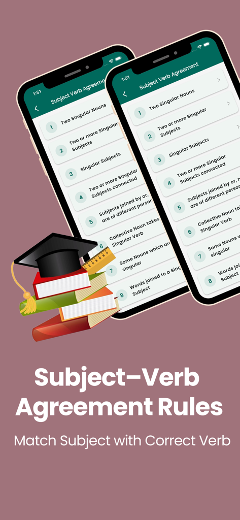 100 English Grammar Rules - Pantalla móvil de la aplicación 100 Reglas de Gramática Inglesa que detalla las reglas de concordancia sujeto-verbo