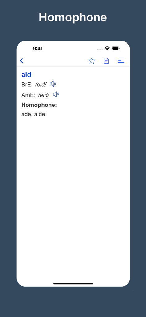 Uma captura de tela do aplicativo Dicionário de Homófonos mostrando a pronúncia fonética e homófonos relacionados para a palavra aid