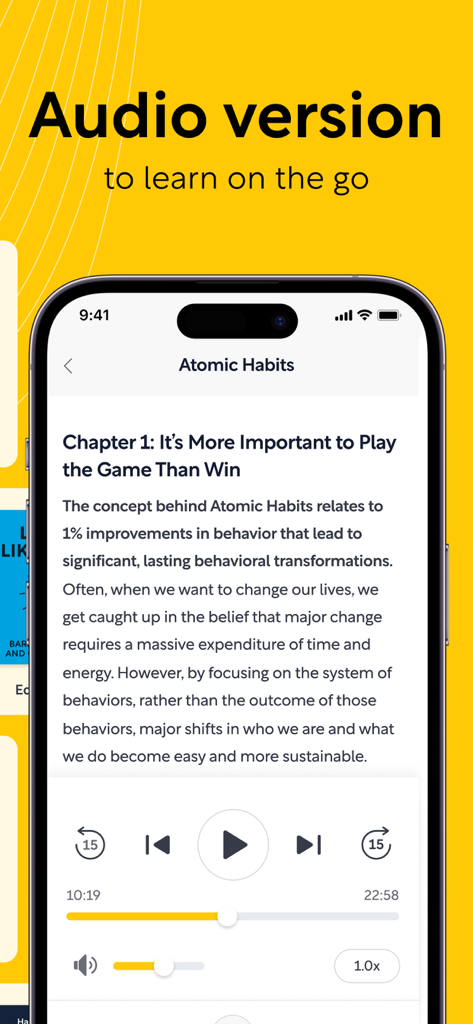 Shortform app interface showing the audio version of a book summary for Atomic Habits