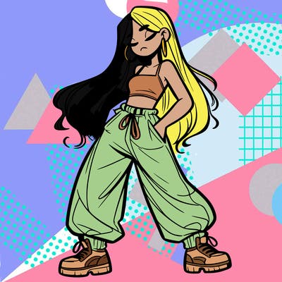 girl in baggy pants crop top and long hair