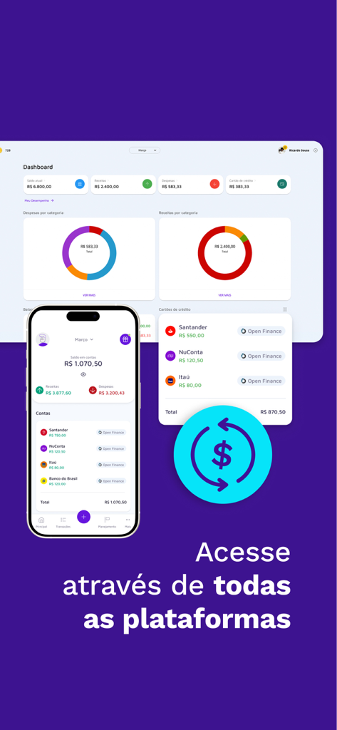 Mobills - Budget Planner - Tableau de bord de l'application Mobills Finance affiché à la fois sur smartphone et sur navigateur web, mettant en évidence la synchronisation multiplateforme