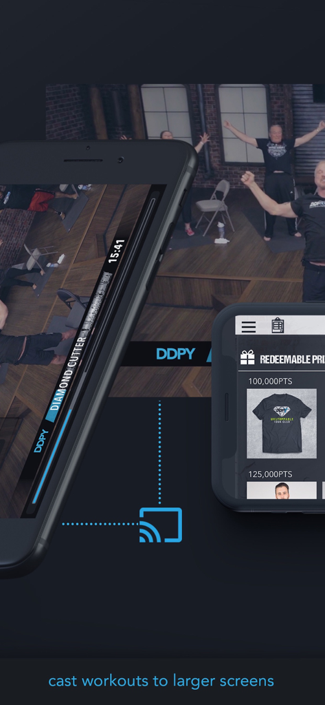 Interface of the DDP Yoga app demonstrating the feature to cast workouts to a larger screen and the redeemable rewards store.