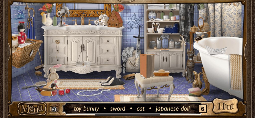 Hidden Objects Sherlock Holmes - A realistic Victorian bathroom hidden object scene featuring antiques and a search list for a toy bunny and sword