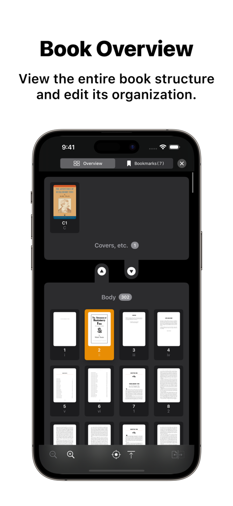 The Booklover app interface displaying a book overview with page thumbnails and organizational tools
