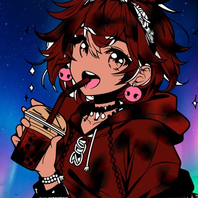 hot baddie anime girl drinking boba and biting the straw