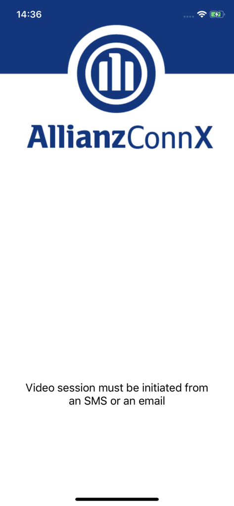 AllianzConnX - AllianzConnXモバイルアプリのホーム画面。SMSまたはEメールリンクからビデオセッションを開始する必要があるというメッセージが表示されています。