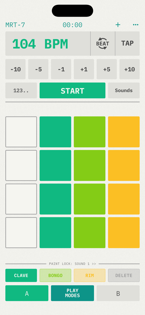 MRT-7 Metronome - Interfaz de la aplicación Metrónomo MRT-7 con una pantalla de tempo de 104 BPM y una cuadrícula rítmica personalizable con pads de colores.