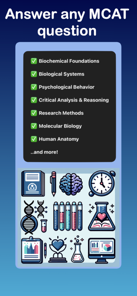 Medschool AI - Exam Prep - Checklist of MCAT topics covered by the Medschool AI exam prep app including biology and research methods