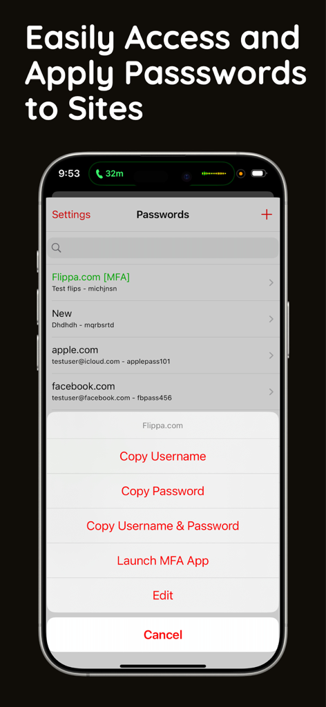 Screenshot showing options to copy username or password for a saved account in Finger Vault app
