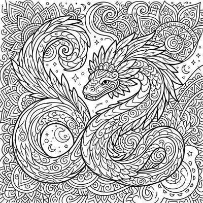 Embark on a mythical coloring journey with this stunning Quetzalcoatl design, infused with a mesmerizing psychedelic vibe. Its intricate details and swirling patterns promise hours of creative engagement for colorists of all levels.