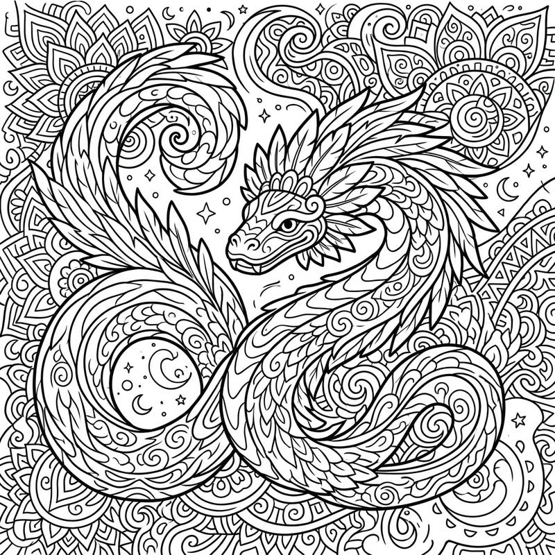 Embark on a mythical coloring journey with this stunning Quetzalcoatl design, infused with a mesmerizing psychedelic vibe. Its intricate details and swirling patterns promise hours of creative engagement for colorists of all levels.