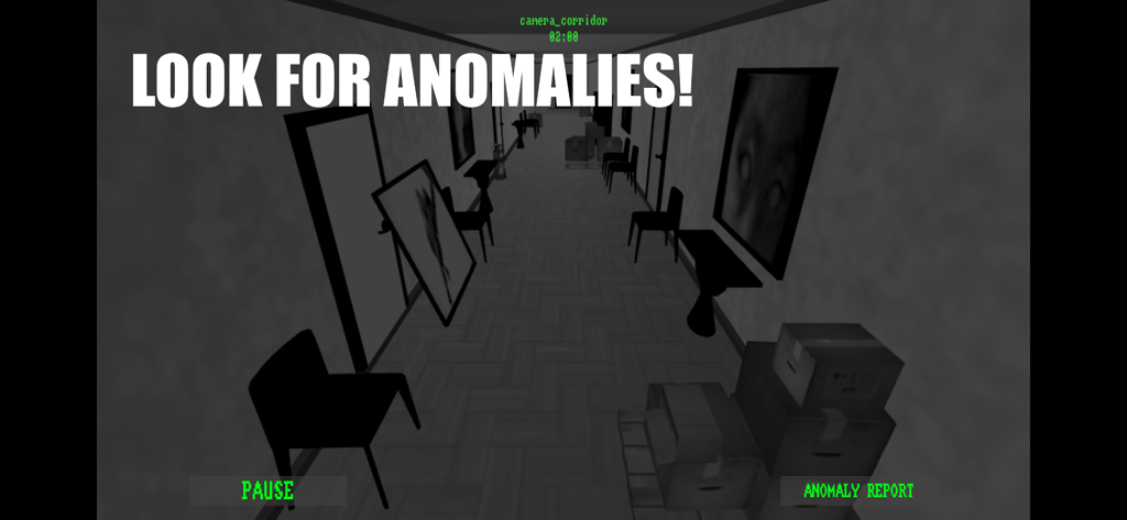 어두운 복도의 흑백 감시 카메라 뷰, 모바일 게임 I'm on Observation Duty에서 이상 현상을 찾으라는 텍스트가 표시됨