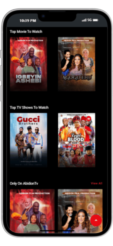 Abidon-TV - Abidon-TV app home screen showcasing various Nollywood movie and TV show titles.