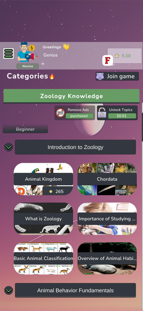 Zoology Knowledge Quiz - A tela de categorias do aplicativo Quiz de Conhecimentos de Zoologia, apresentando tópicos de ciência animal como Chordata e Reino Animal.