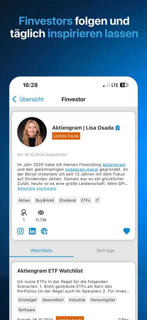 Finanzen100 - Börse & Aktien - Financial expert profile and ETF watchlist in the Finanzen100 app
