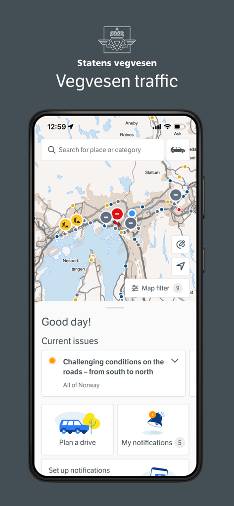 Vegvesen trafikk - Pantalla del mapa de la aplicación Vegvesen trafikk mostrando alertas de tráfico en tiempo real y herramientas de navegación