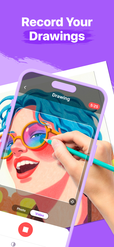 AR Drawing: Simply Draw Sketch - Interfaz de smartphone mostrando la función de grabar tus dibujos en la app AR Drawing