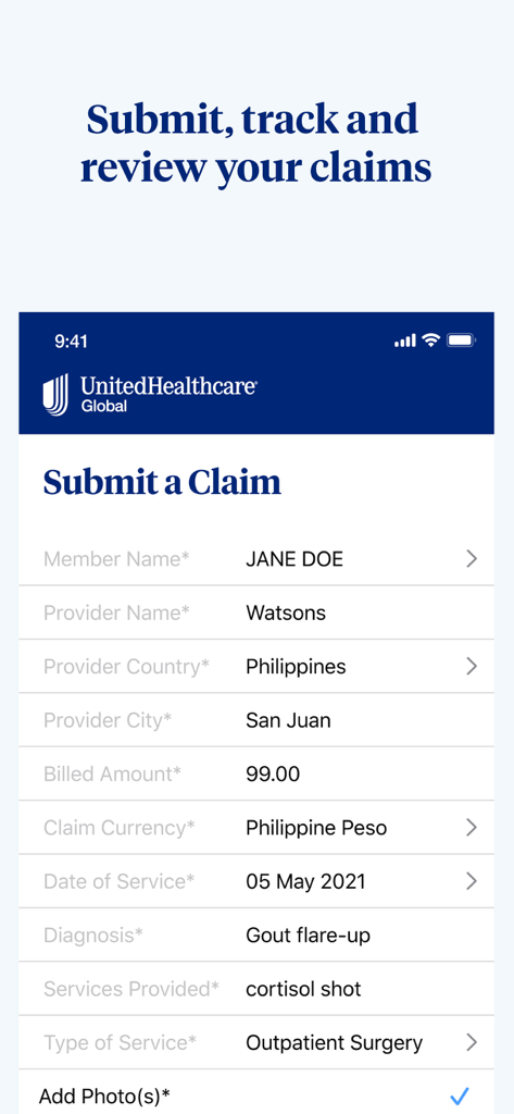 Tela do aplicativo UHC Global mostrando um formulário de envio de sinistro médico para serviços de saúde internacionais.